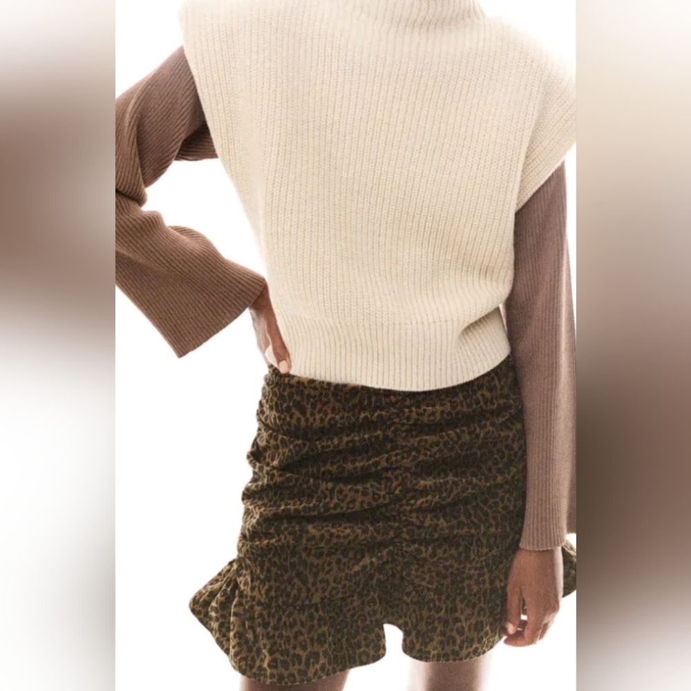 Zara Leopard Ruched Front Corduroy Mini Skirt Womens Small